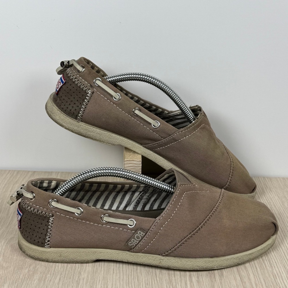 Skechers BOBS Women 6.5 Brown Canvas Slip On Flats Alpargata Shoes 33738 DKTP